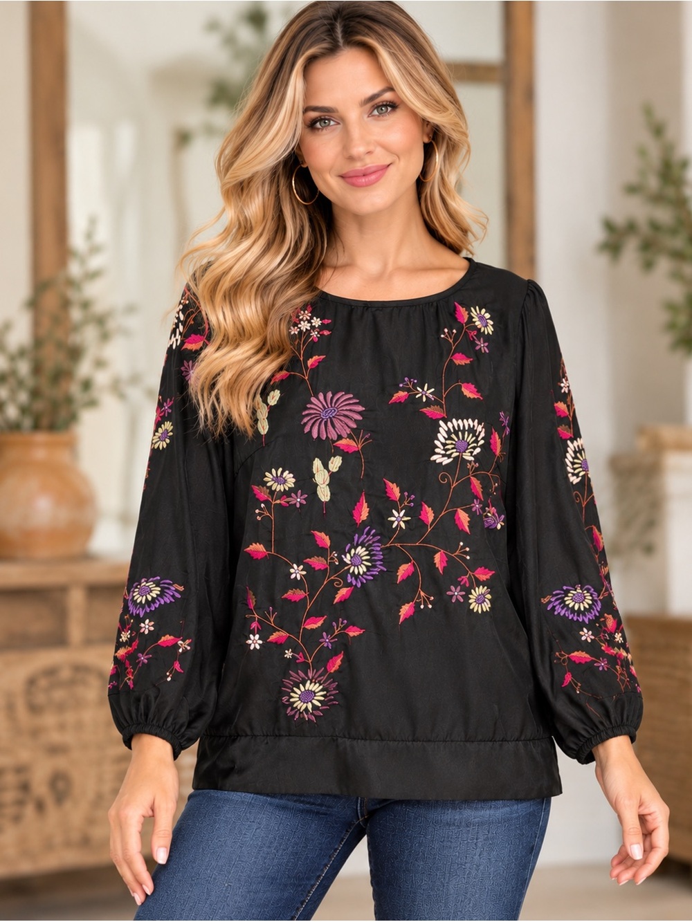 🆕WDNY Black Med Embroidered Floral Artsy Boho Boutique Long-Sleeve Tunic Blouse